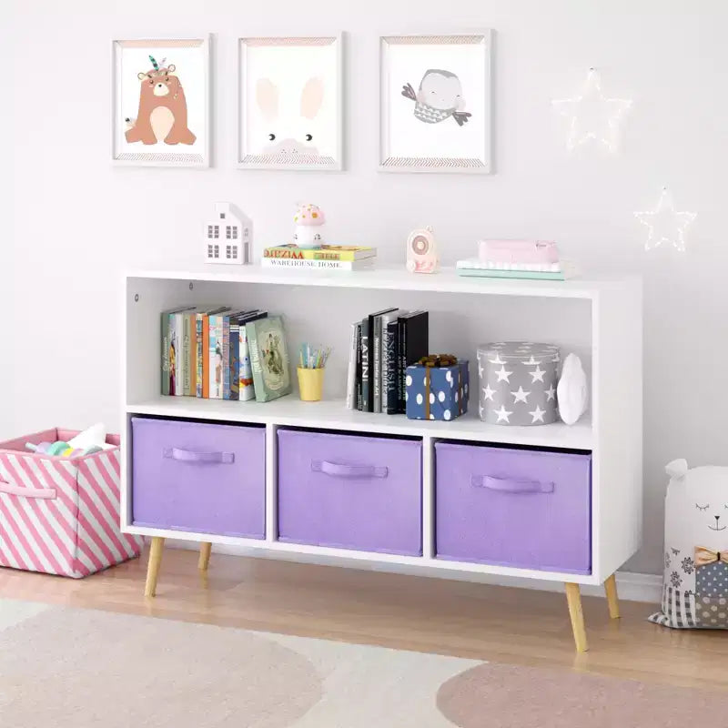 Bibliothèque pour enfants TUYOHW avec 3 tiroirs en tissu et étagère ouverte, étagère de rangement en MDF avec dispositif anti-basculement, organisateur de jouets pour salle de jeux et chambre à coucher