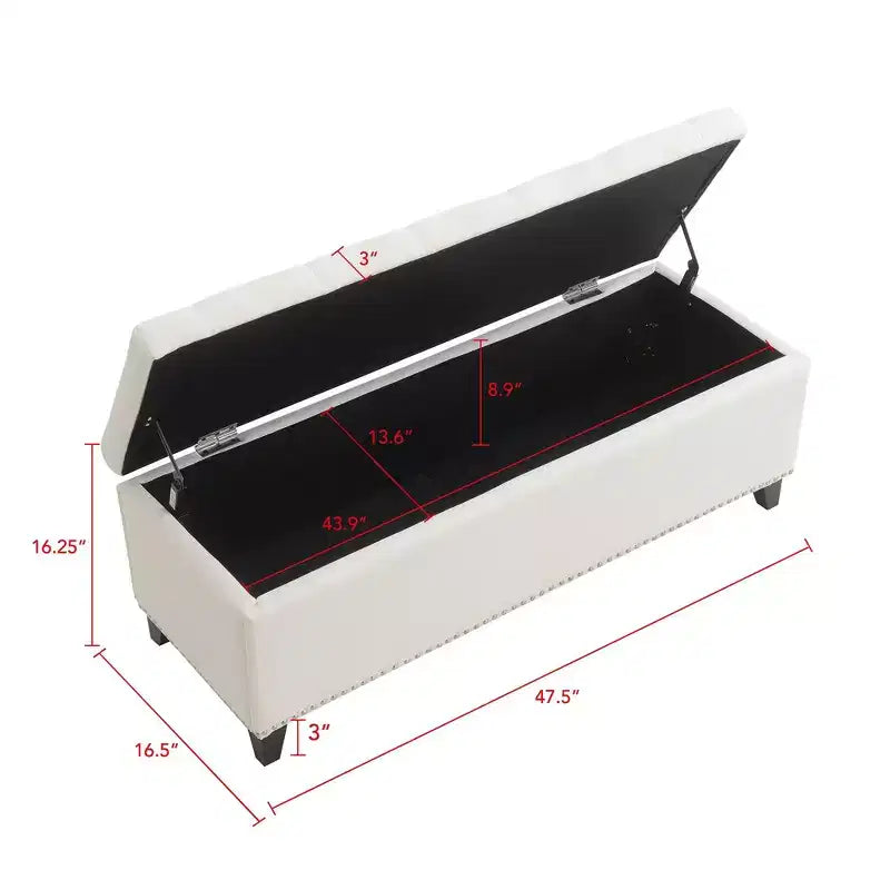 TUYOHW Banc ottoman de rangement 47,5", Banc de bout de lit avec charnière de sécurité, Tissu en lin touffeté de boutons, Banc pour salon, entrée, chambre, couloir