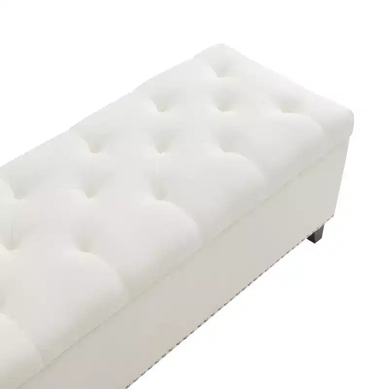 TUYOHW Banc ottoman de rangement 47,5", Banc de bout de lit avec charnière de sécurité, Tissu en lin touffeté de boutons, Banc pour salon, entrée, chambre, couloir