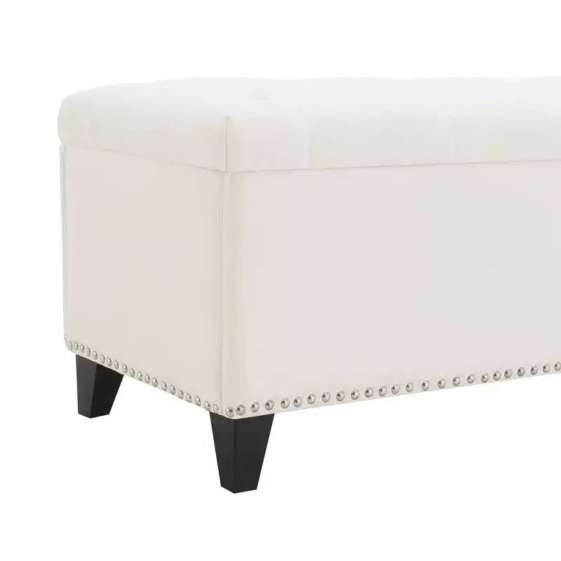 TUYOHW Banc ottoman de rangement 47,5", Banc de bout de lit avec charnière de sécurité, Tissu en lin touffeté de boutons, Banc pour salon, entrée, chambre, couloir