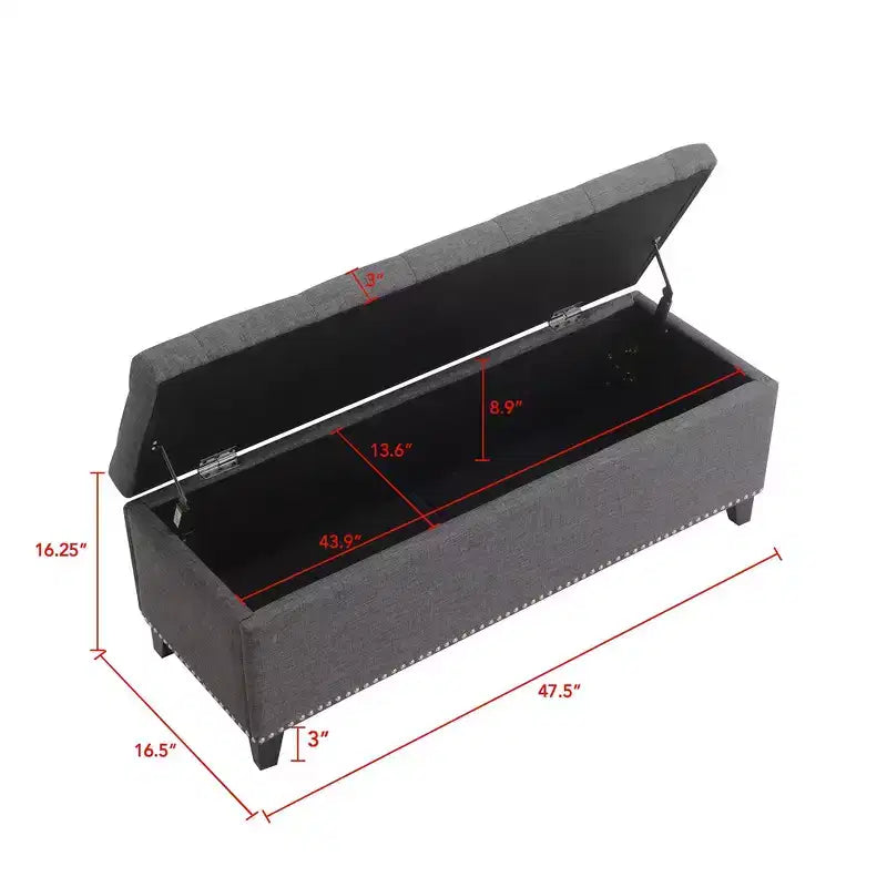TUYOHW Banc ottoman de rangement 47,5", Banc de bout de lit avec charnière de sécurité, Tissu en lin touffeté de boutons, Banc pour salon, entrée, chambre, couloir