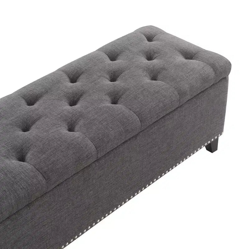 TUYOHW Banc ottoman de rangement 47,5", Banc de bout de lit avec charnière de sécurité, Tissu en lin touffeté de boutons, Banc pour salon, entrée, chambre, couloir