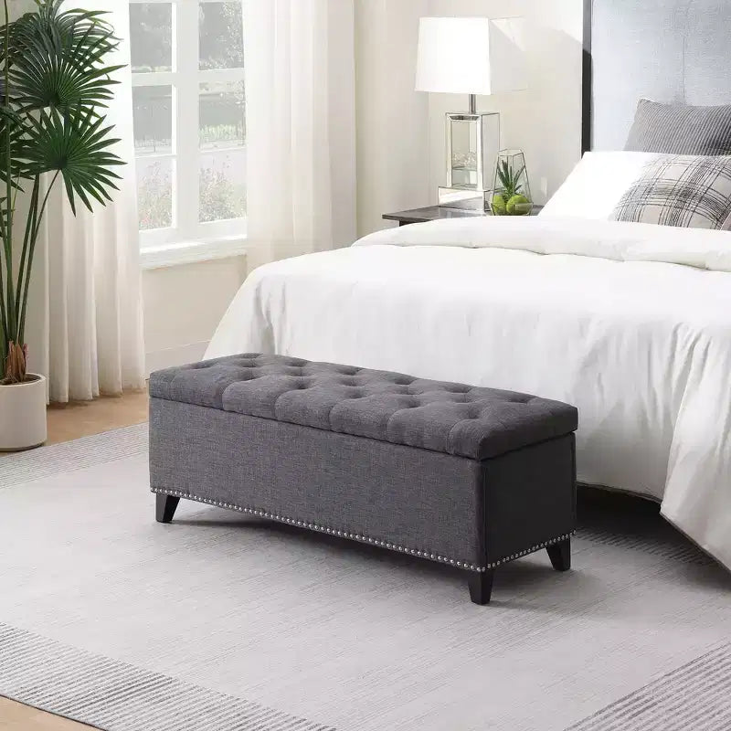 TUYOHW Banc ottoman de rangement 47,5", Banc de bout de lit avec charnière de sécurité, Tissu en lin touffeté de boutons, Banc pour salon, entrée, chambre, couloir
