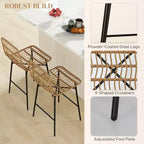 Tabourets de bar en rotin de 2, hauteur comptoir de 66 cm avec dossier, chaises de bar pour îlot de cuisine
