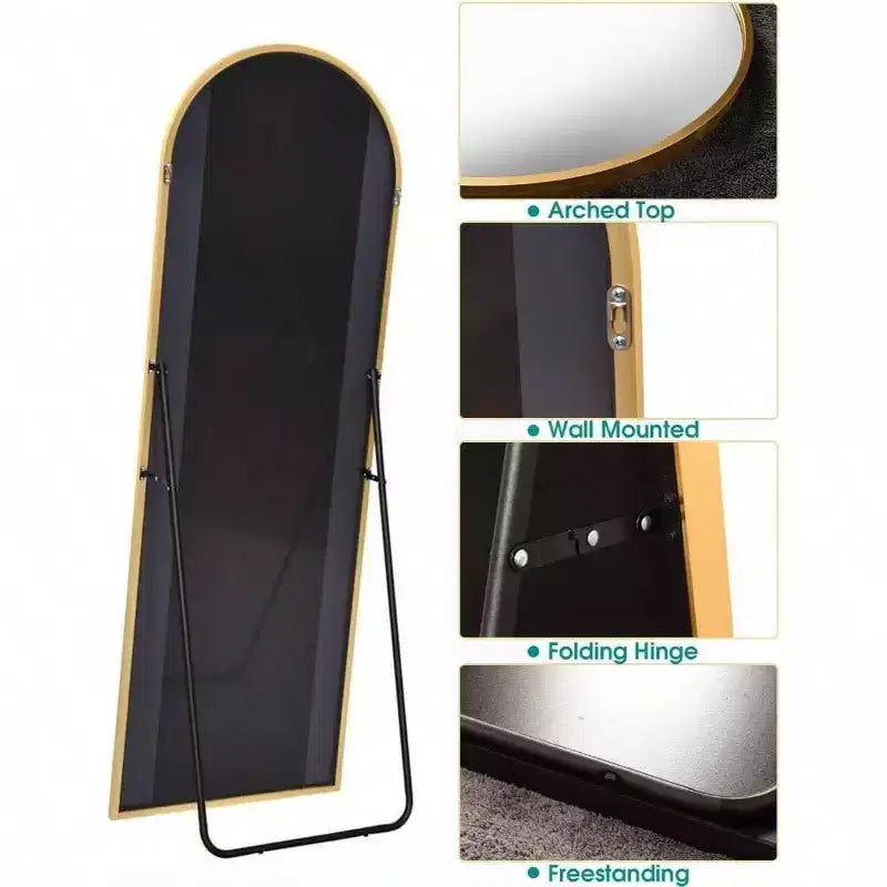 Miroir arqué pleine longueur 58 pouces 18 pouces Cadre en aluminium Or Miroir mural ou sur pied pour salon chambre couloir