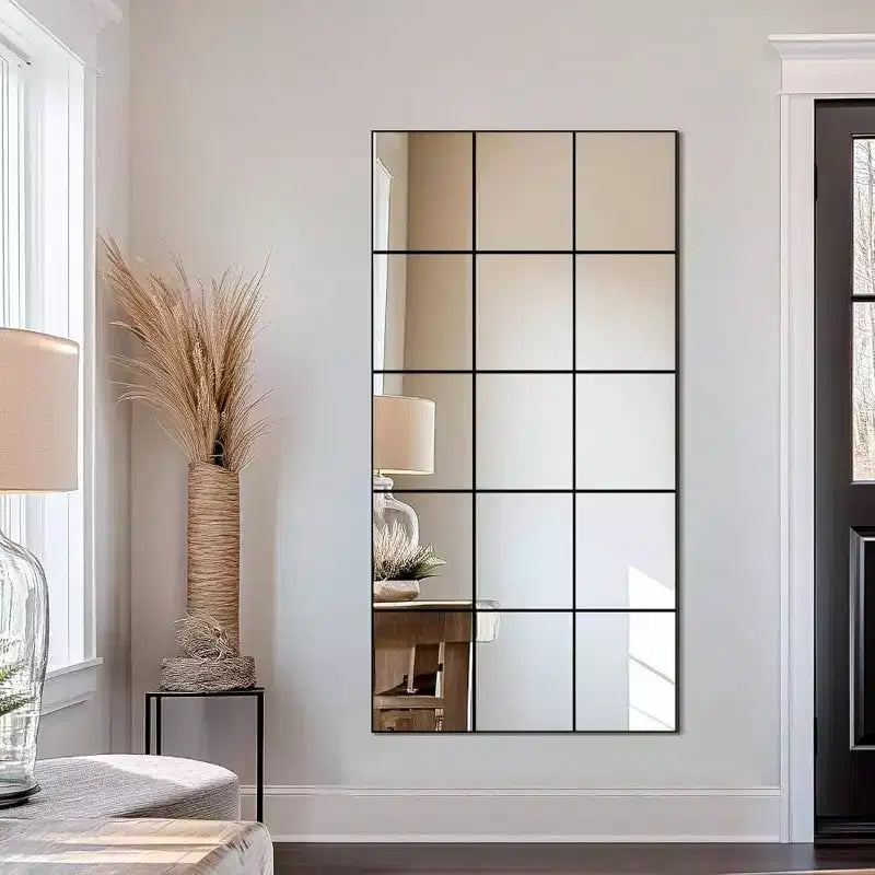 Miroir mural à cadre en métal noir de 28 x 55 pouces pour chambre, salon, entrée, décoratif, style fenêtre, fixation murale