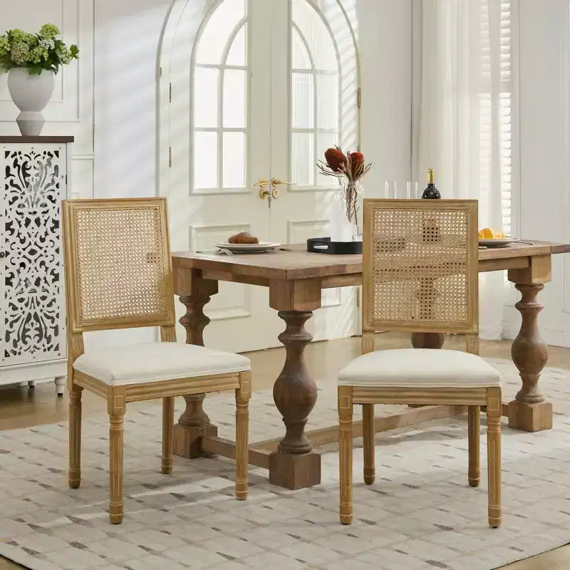 TUYOHW Lot de 2 chaises Louis, Chaises d'appoint de style français avec dossier en rotin et pieds en bois d'hévéa massif, Mousse haute résilience, Capacité de 136 kg