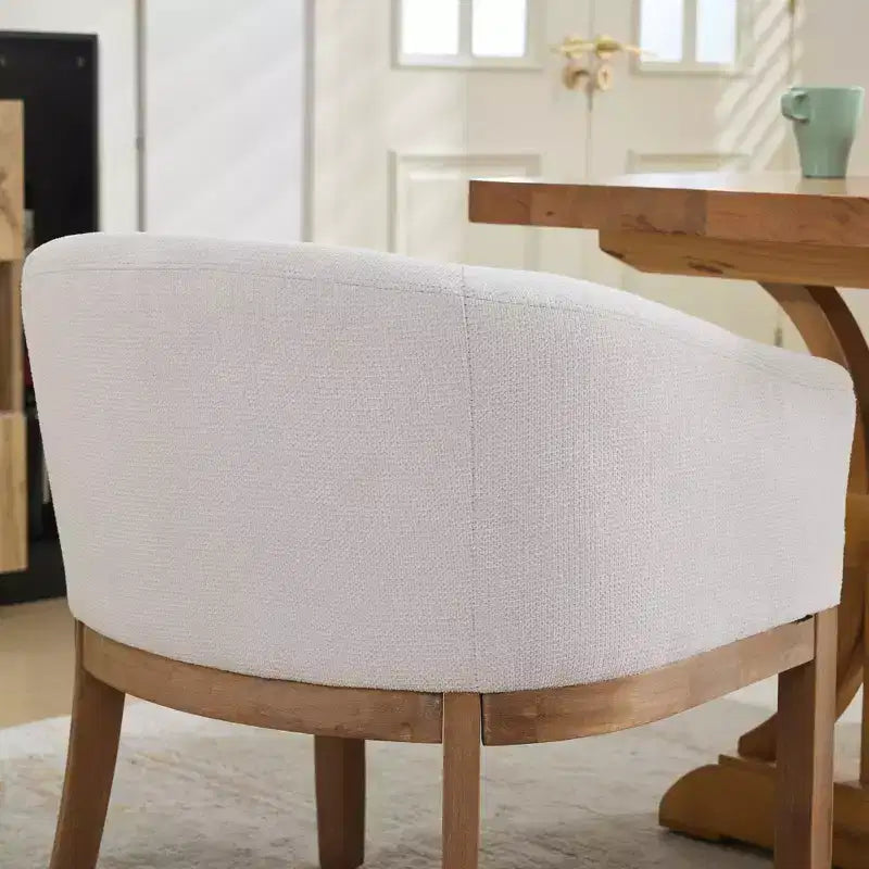 TUYOHW 19W Chaises de salle à manger élégantes en forme de tonneau avec accoudoirs, fauteuils en tissu de lin doux pour salle à manger et cuisine, fauteuil d'appoint en bois d'hévéa massif
