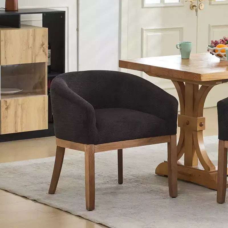 TUYOHW 19W Chaises de salle à manger élégantes en forme de tonneau avec accoudoirs, fauteuils en tissu de lin doux pour salle à manger et cuisine, fauteuil d'appoint en bois d'hévéa massif