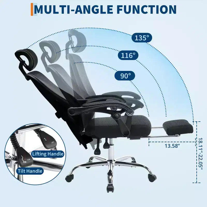 Chaise de bureau ergonomique à dossier haut avec dossier en maille, repose-pieds rétractable, appuie-tête et support lombaire réglables, grande chaise d'ordinateur à roulettes, beige