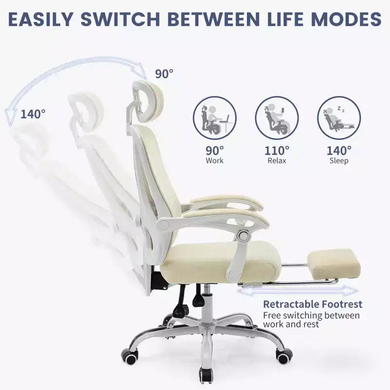 Chaise de bureau ergonomique à dossier haut avec dossier en maille, repose-pieds rétractable, appuie-tête et support lombaire réglables, grande chaise d'ordinateur à roulettes, beige