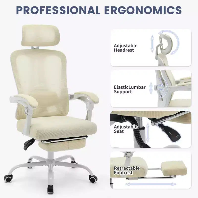 Chaise de bureau ergonomique à dossier haut avec dossier en maille, repose-pieds rétractable, appuie-tête et support lombaire réglables, grande chaise d'ordinateur à roulettes, beige