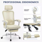 Chaise de bureau ergonomique à dossier haut avec dossier en maille, repose-pieds rétractable, appuie-tête et support lombaire réglables, grande chaise d'ordinateur à roulettes, beige