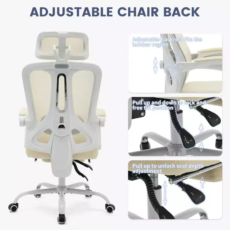 Chaise de bureau ergonomique à dossier haut avec dossier en maille, repose-pieds rétractable, appuie-tête et support lombaire réglables, grande chaise d'ordinateur à roulettes, beige