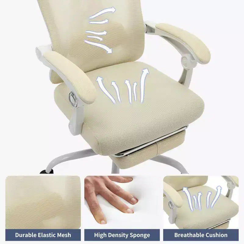 Chaise de bureau ergonomique à dossier haut avec dossier en maille, repose-pieds rétractable, appuie-tête et support lombaire réglables, grande chaise d'ordinateur à roulettes, beige