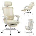 High Back Ergonomic Office Chair with Mesh Back, Retractable Footrest, Adjustable Headrest & Lumbar Support, Wide Computer Chair with Wheels, Beige