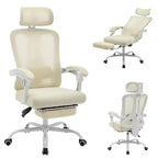 High Back Ergonomic Office Chair with Mesh Back, Retractable Footrest, Adjustable Headrest & Lumbar Support, Wide Computer Chair with Wheels, Beige