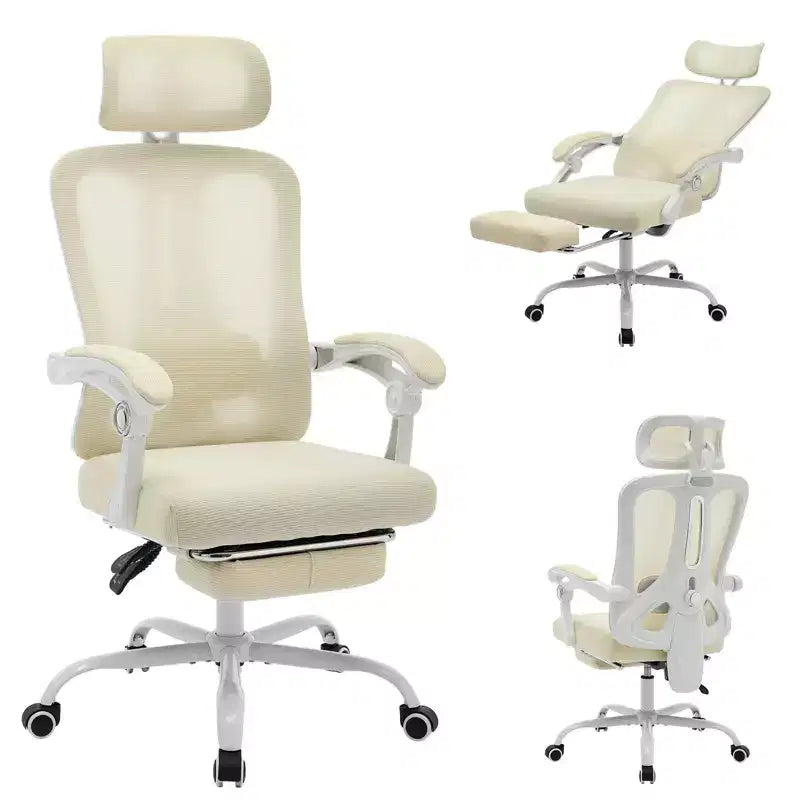 High Back Ergonomic Office Chair with Mesh Back, Retractable Footrest, Adjustable Headrest & Lumbar Support, Wide Computer Chair with Wheels, Beige