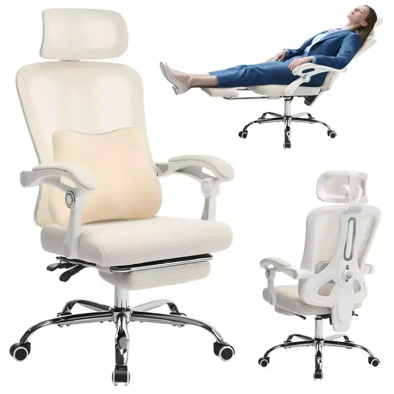 Chaise de bureau ergonomique à dossier haut avec dossier en maille, repose-pieds rétractable, appuie-tête et support lombaire réglables, grande chaise d'ordinateur à roulettes, beige