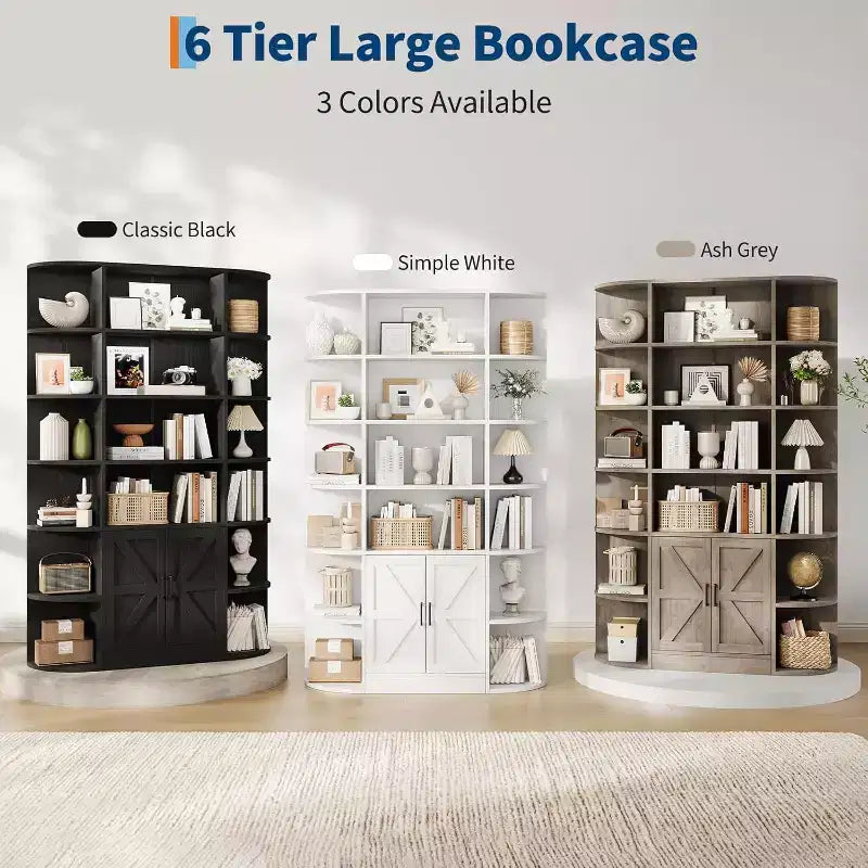 COZONY Étagère à Livres 6 Niveaux de 190 cm avec Meuble de Rangement et Portes, Large Organisateur et Étagère d'Exposition Grise pour Chambre, Salon, Bureau à Domicile
