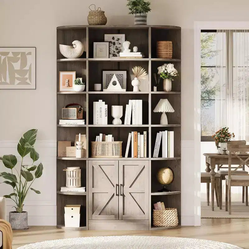 COZONY Étagère à Livres 6 Niveaux de 190 cm avec Meuble de Rangement et Portes, Large Organisateur et Étagère d'Exposition Grise pour Chambre, Salon, Bureau à Domicile