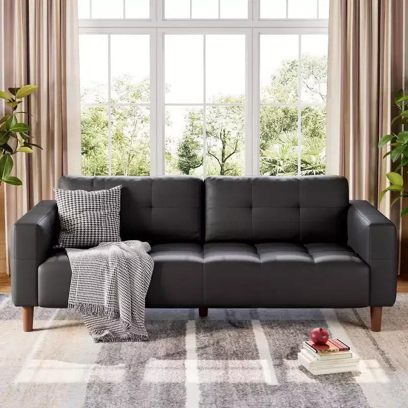 Modern 3-Seater Sofa and 2 Removable Back Cushions for Living Room,Faux Leather Sofa Couch with Spring Cushion, Easy Assembly for Small Spaces