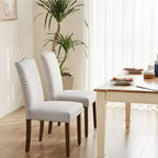 TUYOHW Lot de 2 chaises de salle à manger modernes, chaises de cuisine rembourrées en lin avec garniture cloutée et pieds en bois d'hévéa pour salle à manger, cuisine, salon