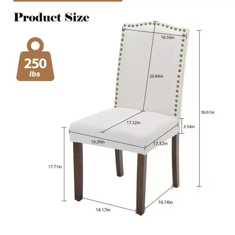 TUYOHW Lot de 2 chaises de salle à manger modernes, chaises de cuisine rembourrées en lin avec garniture cloutée et pieds en bois d'hévéa pour salle à manger, cuisine, salon