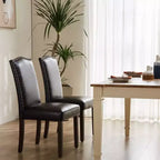 TUYOHW Lot de 2 chaises de salle à manger modernes, chaises de cuisine rembourrées en lin avec garniture cloutée et pieds en bois d'hévéa pour salle à manger, cuisine, salon