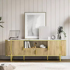 Meuble TV à quatre portes avec motif ondulé rond, étagères réglables, plateau en imitation marbre, décoration en métal doré, charnières à fermeture douce