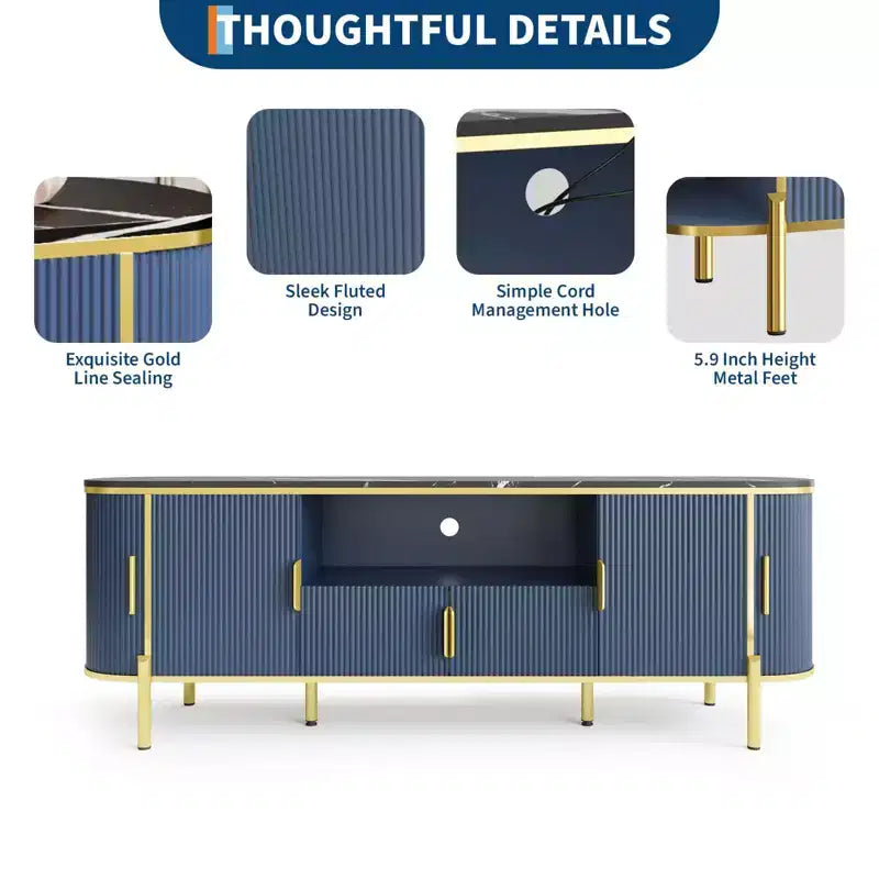 Meuble TV à quatre portes avec motif ondulé rond, étagères réglables, plateau en imitation marbre, décoration en métal doré, charnières à fermeture douce