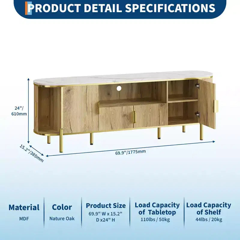 Meuble TV à quatre portes avec motif ondulé rond, étagères réglables, plateau en imitation marbre, décoration en métal doré, charnières à fermeture douce