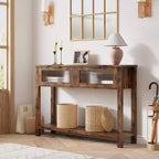 Console étroite moderne de 109 cm avec 2 tiroirs en verre - Table de canapé de rangement à 2 niveaux pour entrée, salon, couloir et vestibule