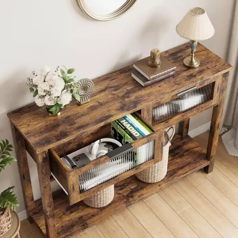 Console étroite moderne de 109 cm avec 2 tiroirs en verre - Table de canapé de rangement à 2 niveaux pour entrée, salon, couloir et vestibule