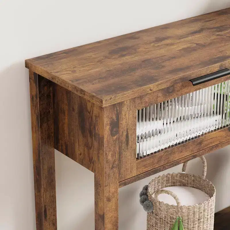 Console étroite moderne de 109 cm avec 2 tiroirs en verre - Table de canapé de rangement à 2 niveaux pour entrée, salon, couloir et vestibule