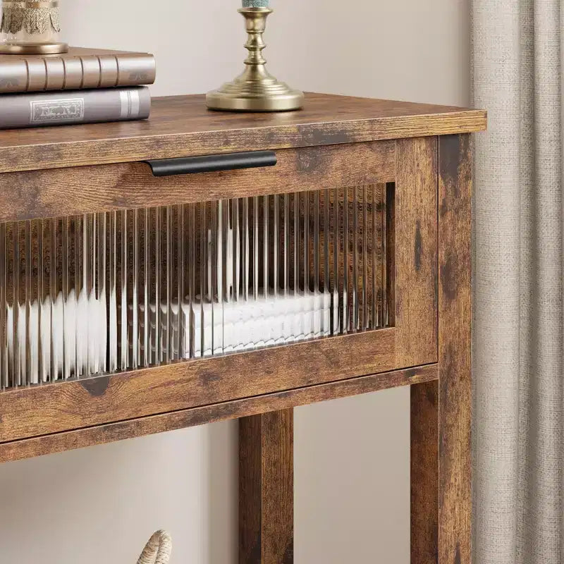 Console étroite moderne de 109 cm avec 2 tiroirs en verre - Table de canapé de rangement à 2 niveaux pour entrée, salon, couloir et vestibule
