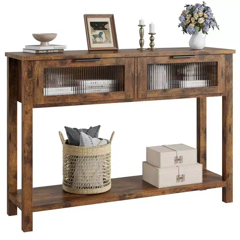 Console étroite moderne de 109 cm avec 2 tiroirs en verre - Table de canapé de rangement à 2 niveaux pour entrée, salon, couloir et vestibule