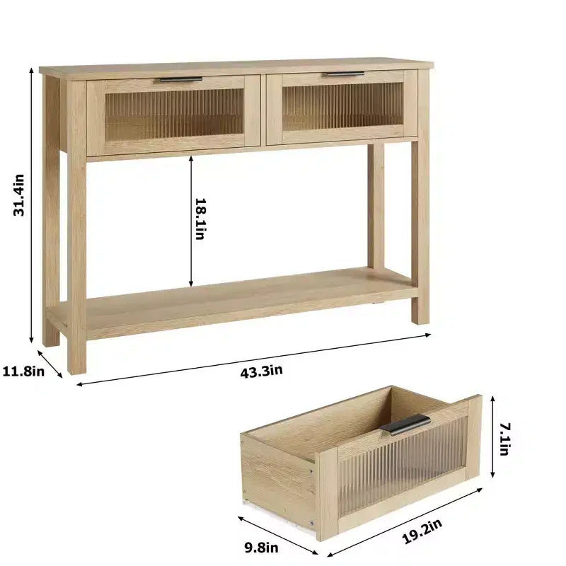 Console étroite moderne de 109 cm avec 2 tiroirs en verre - Table de canapé de rangement à 2 niveaux pour entrée, salon, couloir et vestibule