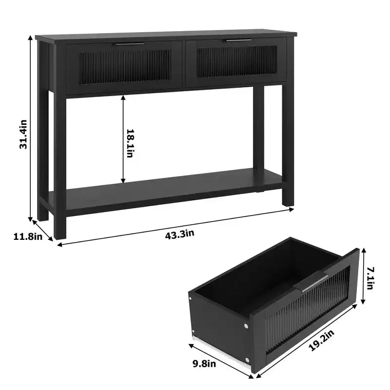 Console étroite moderne de 109 cm avec 2 tiroirs en verre - Table de canapé de rangement à 2 niveaux pour entrée, salon, couloir et vestibule