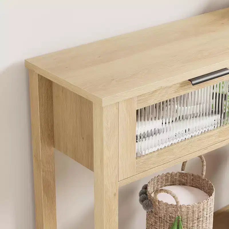 Console étroite moderne de 109 cm avec 2 tiroirs en verre - Table de canapé de rangement à 2 niveaux pour entrée, salon, couloir et vestibule