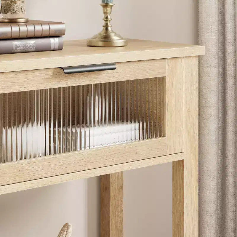 Console étroite moderne de 109 cm avec 2 tiroirs en verre - Table de canapé de rangement à 2 niveaux pour entrée, salon, couloir et vestibule