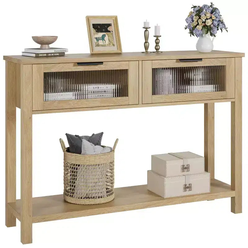 Console étroite moderne de 109 cm avec 2 tiroirs en verre - Table de canapé de rangement à 2 niveaux pour entrée, salon, couloir et vestibule