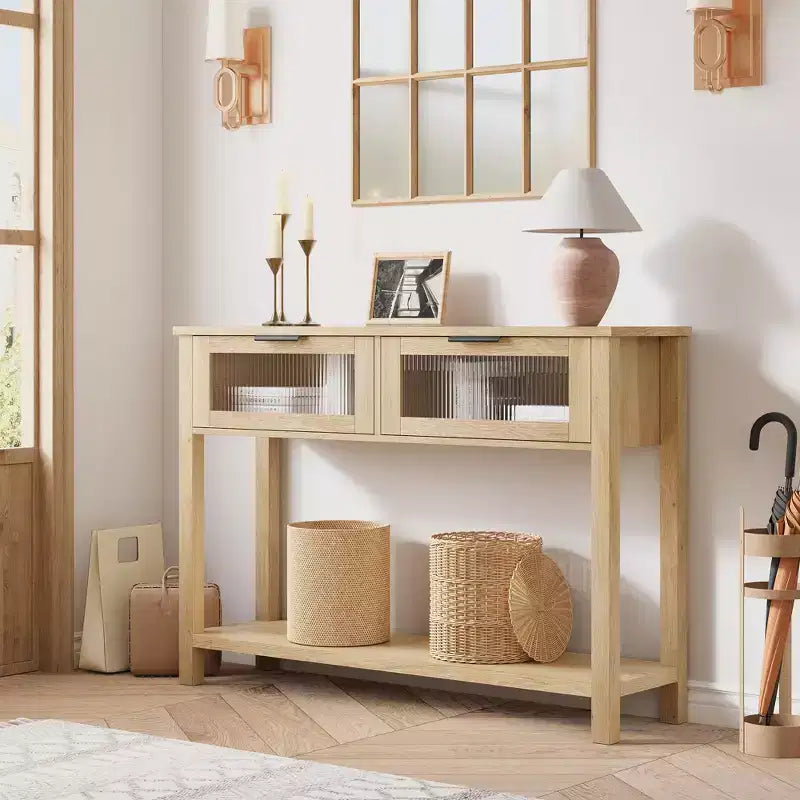 Console étroite moderne de 109 cm avec 2 tiroirs en verre - Table de canapé de rangement à 2 niveaux pour entrée, salon, couloir et vestibule