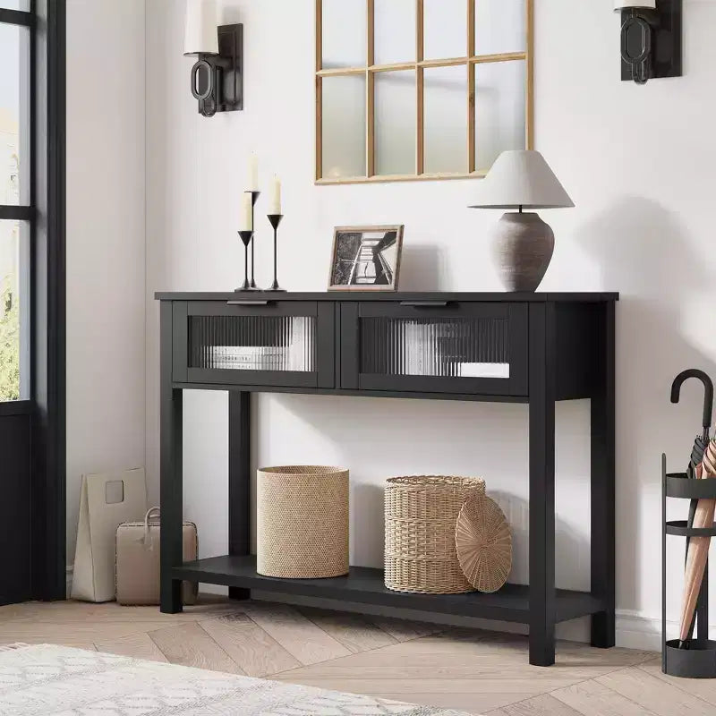 Console étroite moderne de 109 cm avec 2 tiroirs en verre - Table de canapé de rangement à 2 niveaux pour entrée, salon, couloir et vestibule
