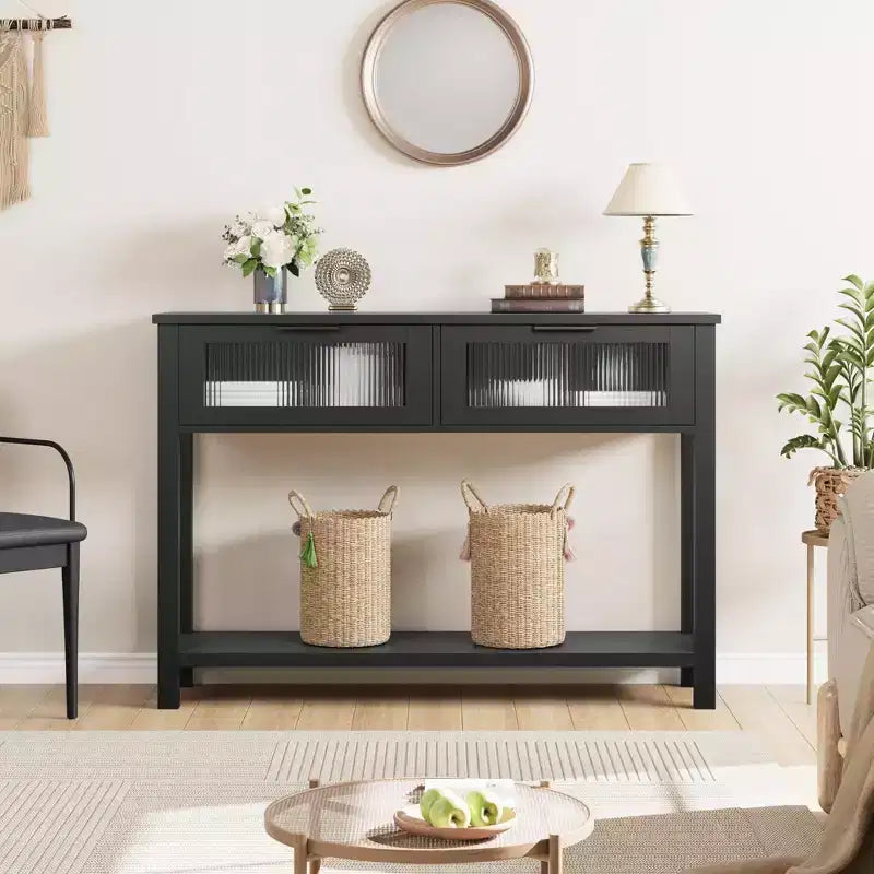 Console étroite moderne de 109 cm avec 2 tiroirs en verre - Table de canapé de rangement à 2 niveaux pour entrée, salon, couloir et vestibule