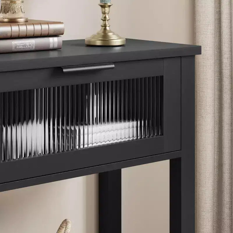 Console étroite moderne de 109 cm avec 2 tiroirs en verre - Table de canapé de rangement à 2 niveaux pour entrée, salon, couloir et vestibule
