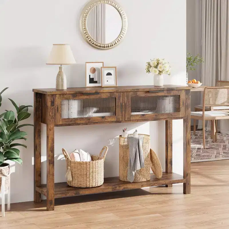 Console étroite moderne de 109 cm avec 2 tiroirs en verre - Table de canapé de rangement à 2 niveaux pour entrée, salon, couloir et vestibule