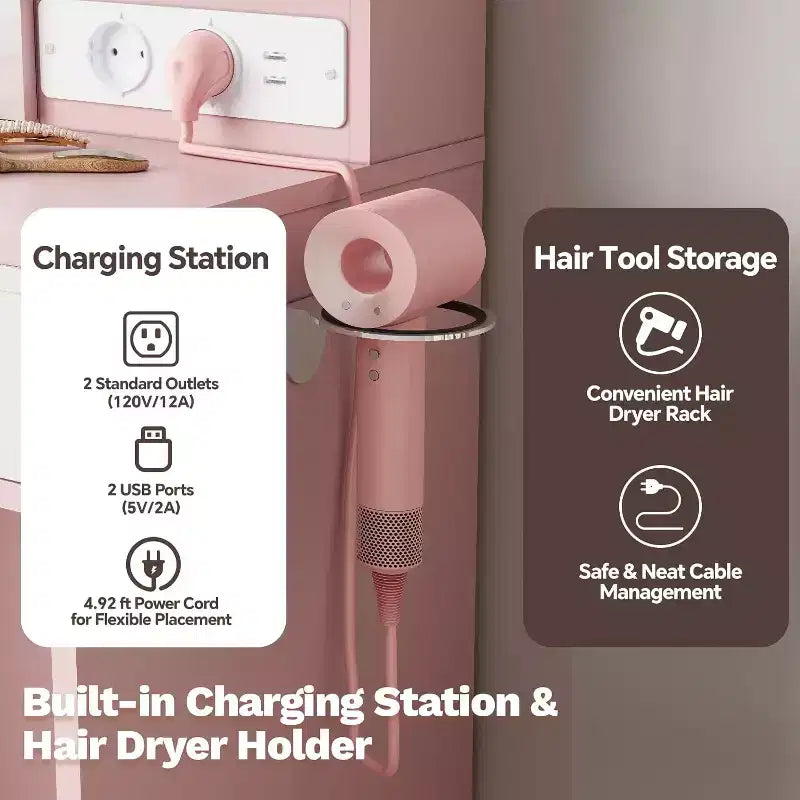 Coiffeuse avec miroir et lumières, Coiffeuse avec station de recharge, Coiffeuse avec tiroirs et étagères, Coiffeuse LED pour chambre à coucher