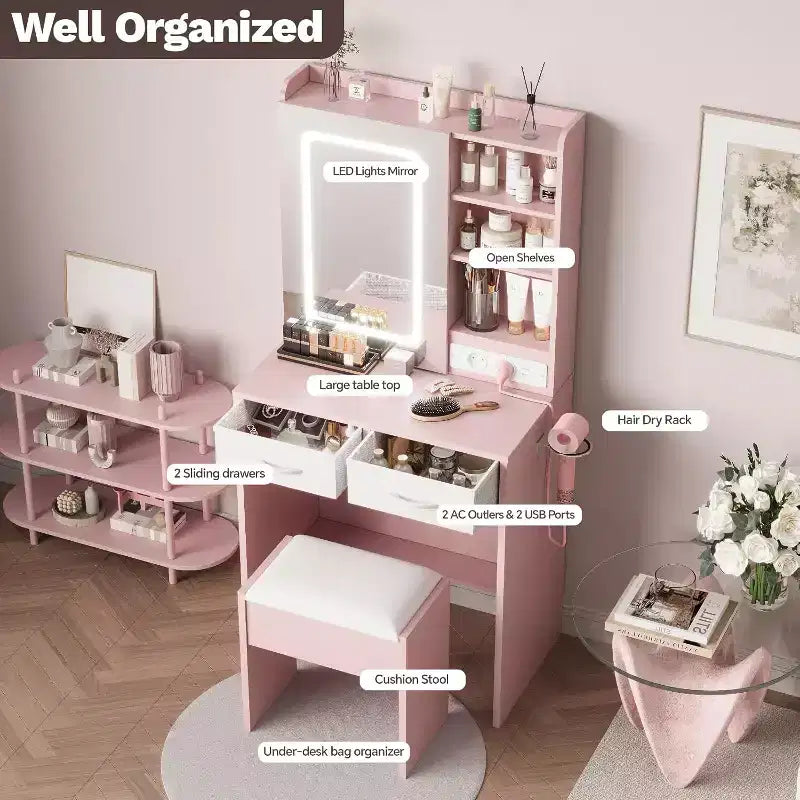 Coiffeuse avec miroir et lumières, Coiffeuse avec station de recharge, Coiffeuse avec tiroirs et étagères, Coiffeuse LED pour chambre à coucher