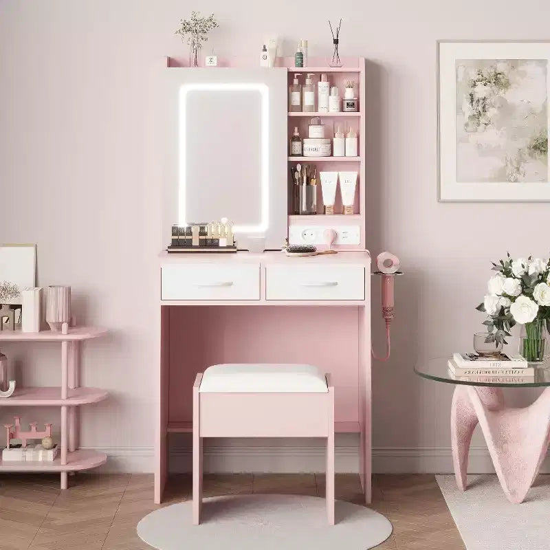 Coiffeuse avec miroir et lumières, Coiffeuse avec station de recharge, Coiffeuse avec tiroirs et étagères, Coiffeuse LED pour chambre à coucher